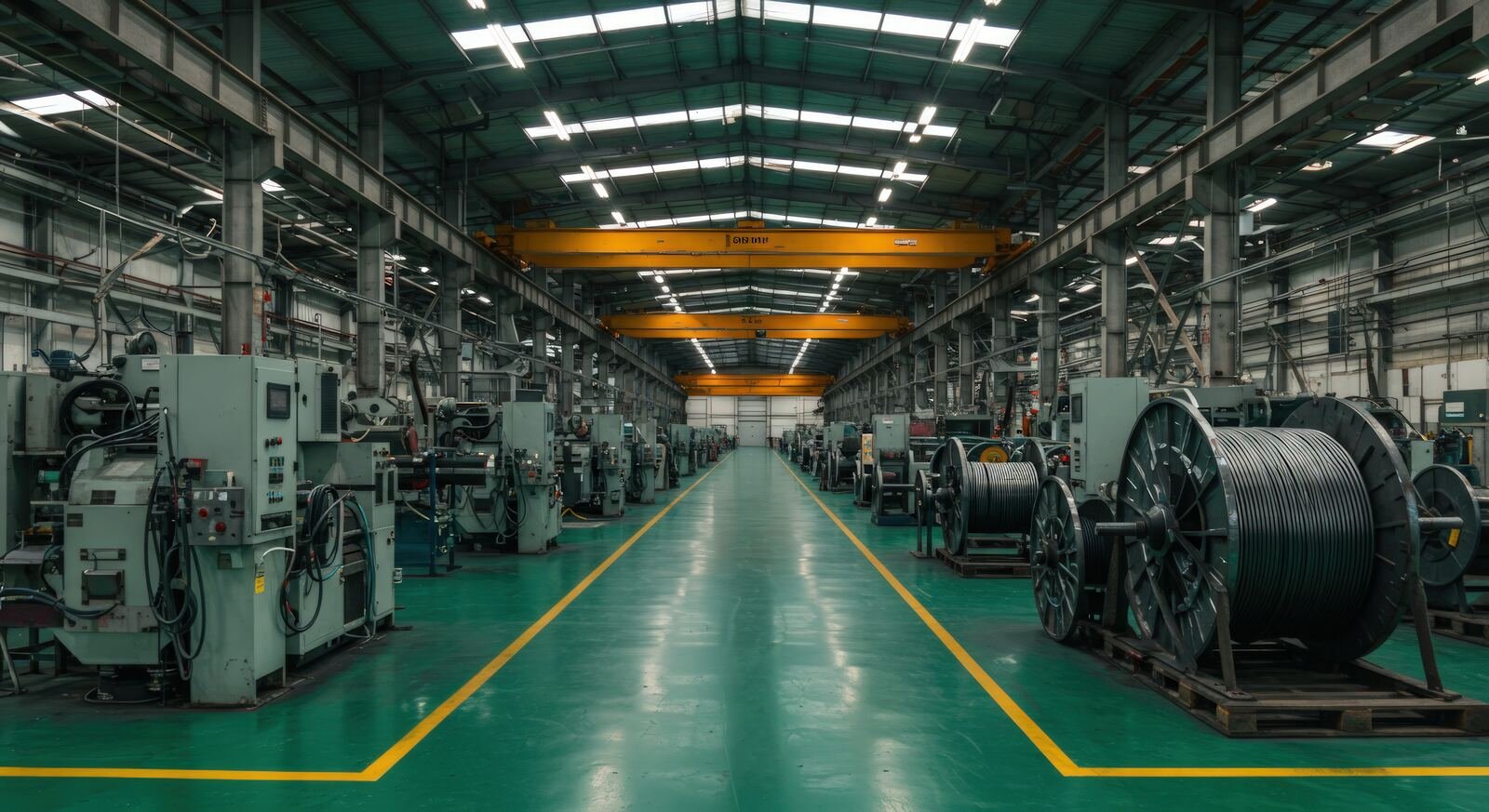 Evander Electrical Company manufacturing floor with cable reels and production machinery in Taiwan
