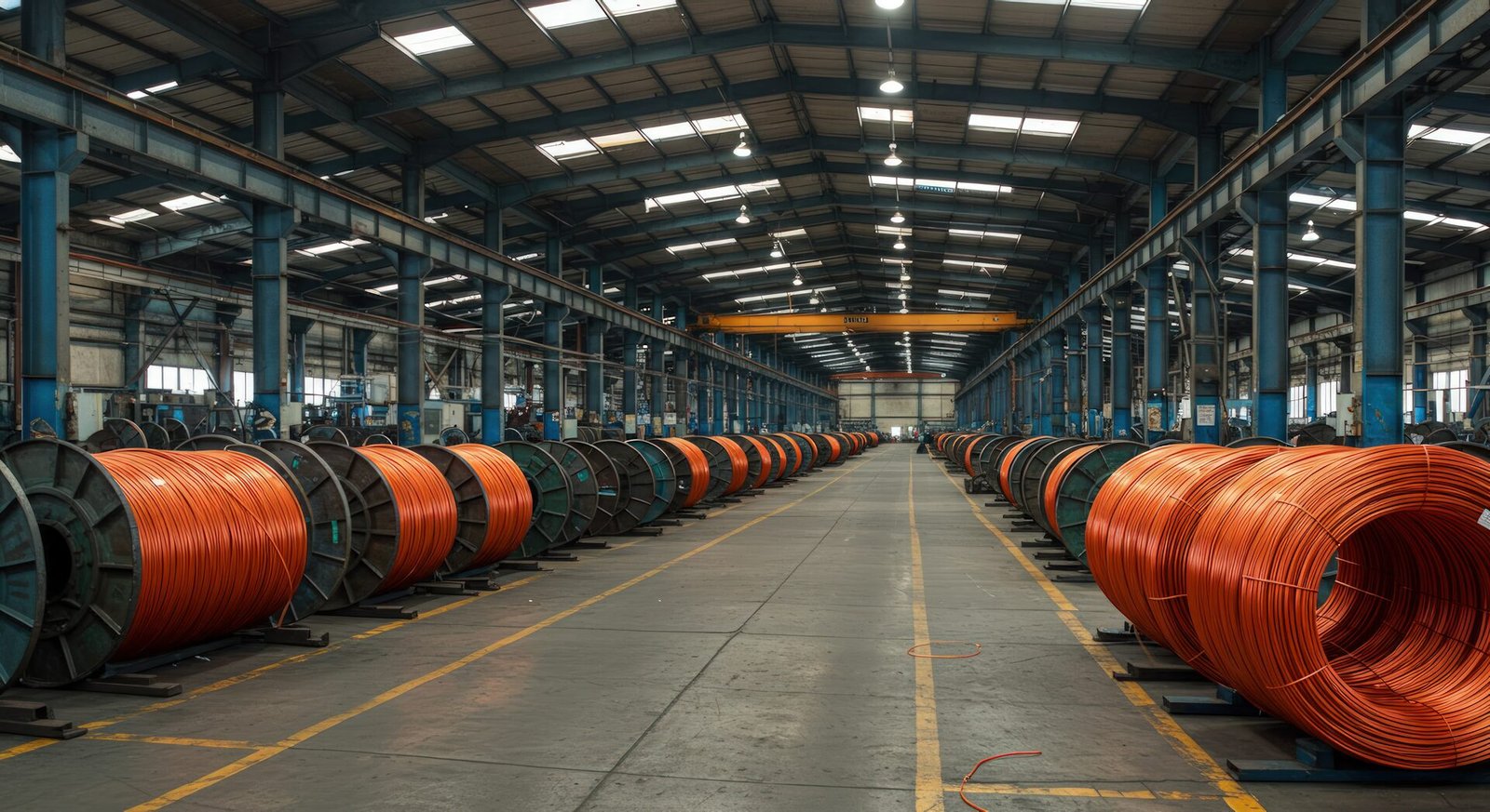 Rows of copper cable reels inside the Hesco manufacturing hub